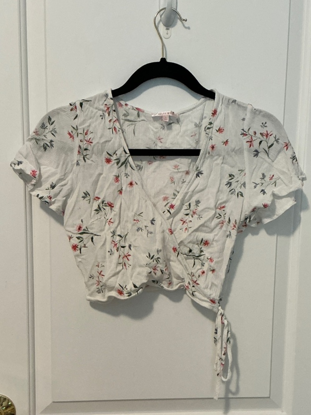 White Floral Wrap Crop Top with Pink & Green Accents